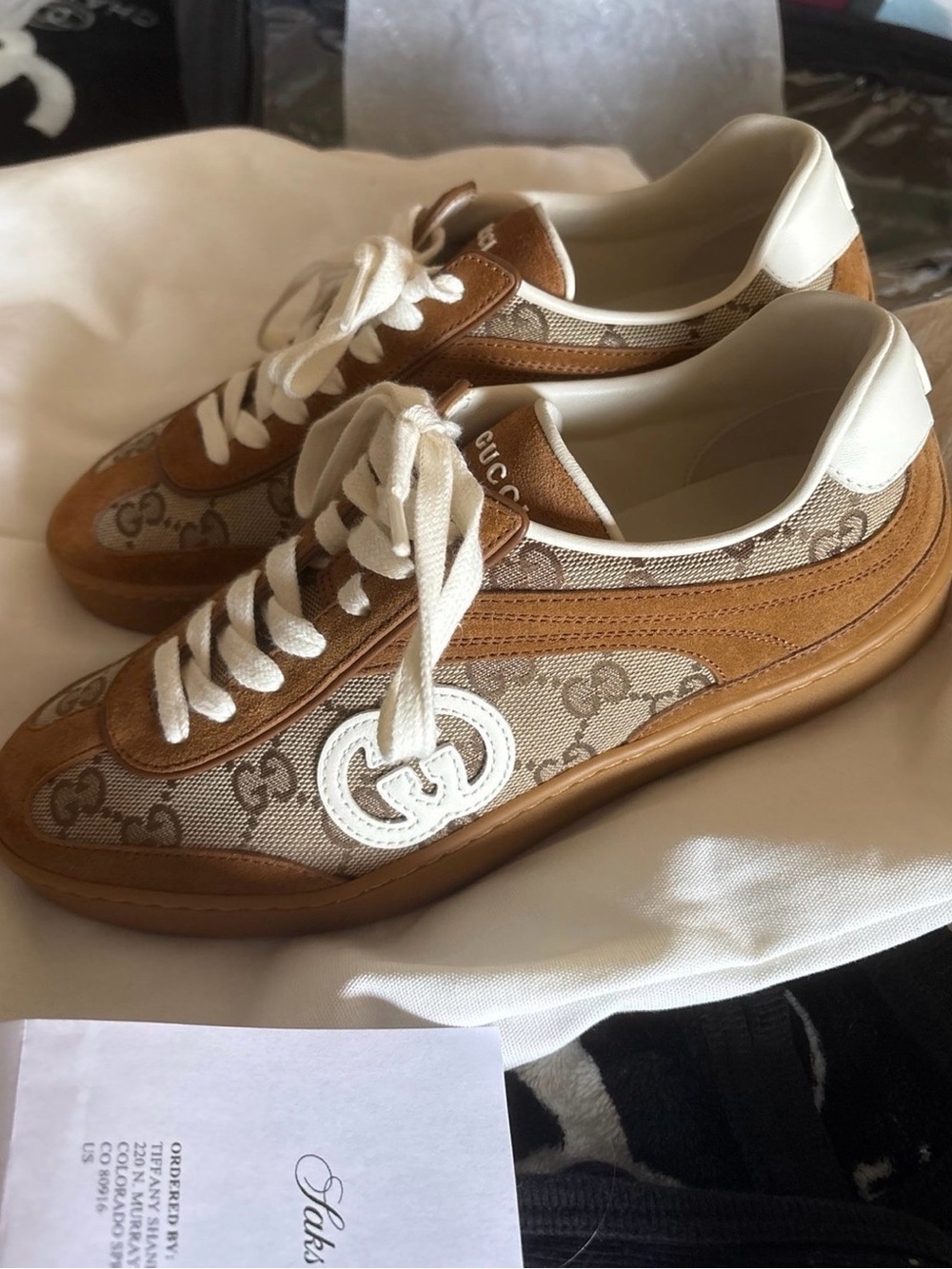 NEW Gucci Brown & White GG-Canvas Low-Top Sneakers 36 (6). - Picture 2 of 11